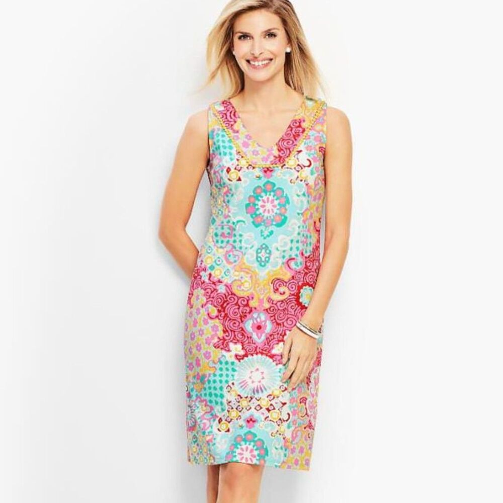 Talbots Cotton Women's Shift Dress Pastel Medallion Floral Interlock Petite M